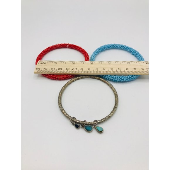 Southwest Silver Tone faux turquoise charm red turquoise seed bead bangles 3 8” - Picture 3 of 6